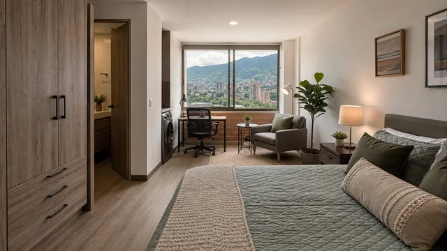 Habitación y zona de estar de un apartamento amoblado para arriendo mensual en Medellín