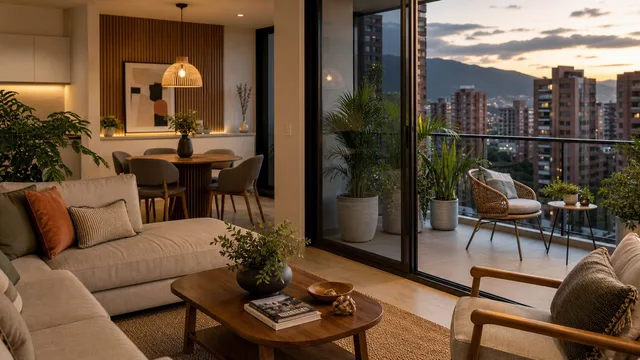 Sala de un apartamento amoblado en El Poblado con balcón y vista a la ciudad