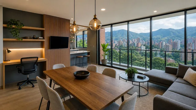 Apartamento amoblado en El Poblado con espacio de trabajo y vista al valle de Medellín