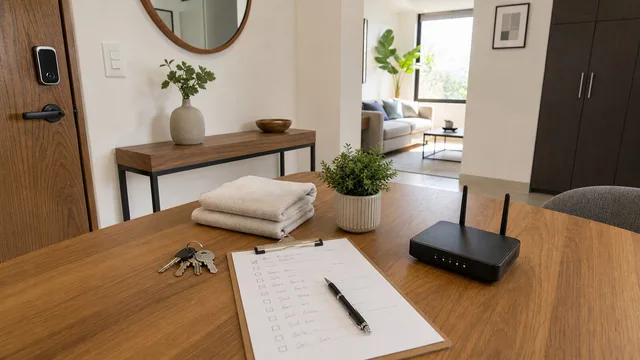Furnished apartment entry table with checklist keys and guest essentials