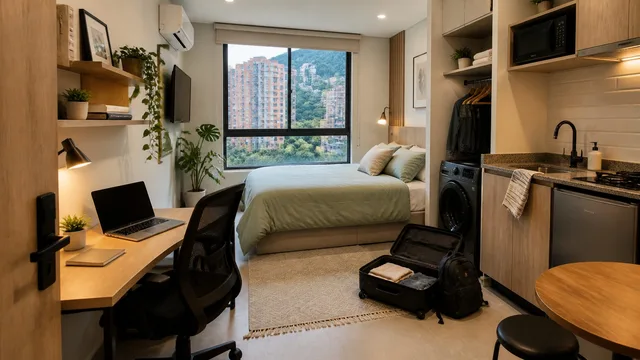 Compact furnished studio apartment with desk and kitchenette in El Poblado
