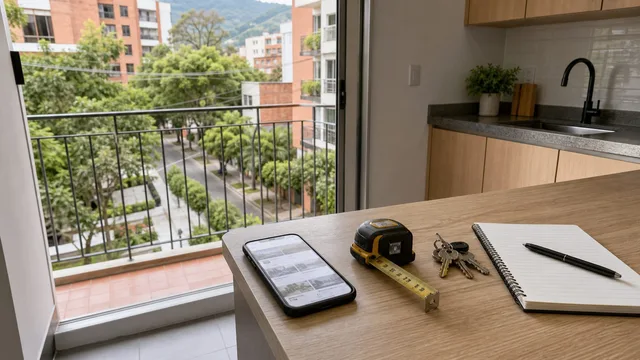 Apartment viewing checklist on a balcony in Laureles Medellin