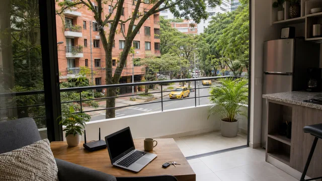 Balcón y espacio de trabajo de un apartamento amoblado para arriendo mensual en Laureles