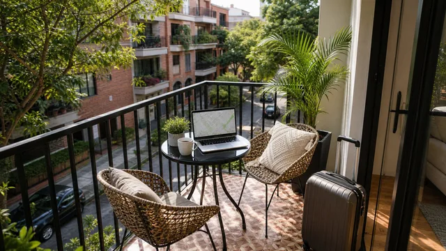 Balcón de un apartamento de Laureles con maleta y portátil para planear una renta corta