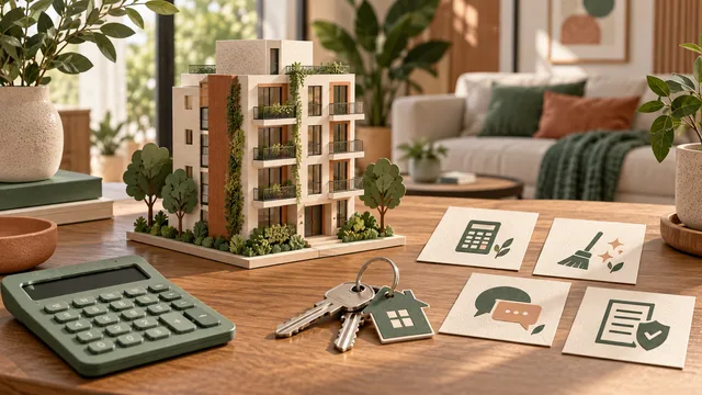 Illustration of an apartment model, keys, calculator, and property management service cards