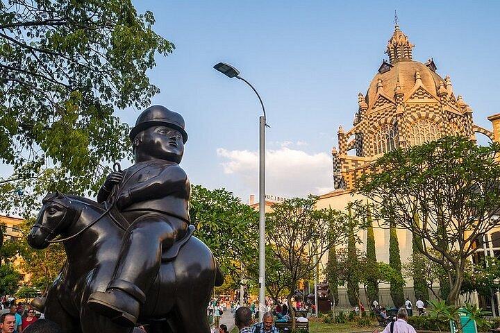 Botero statue and Medellin city landmark view