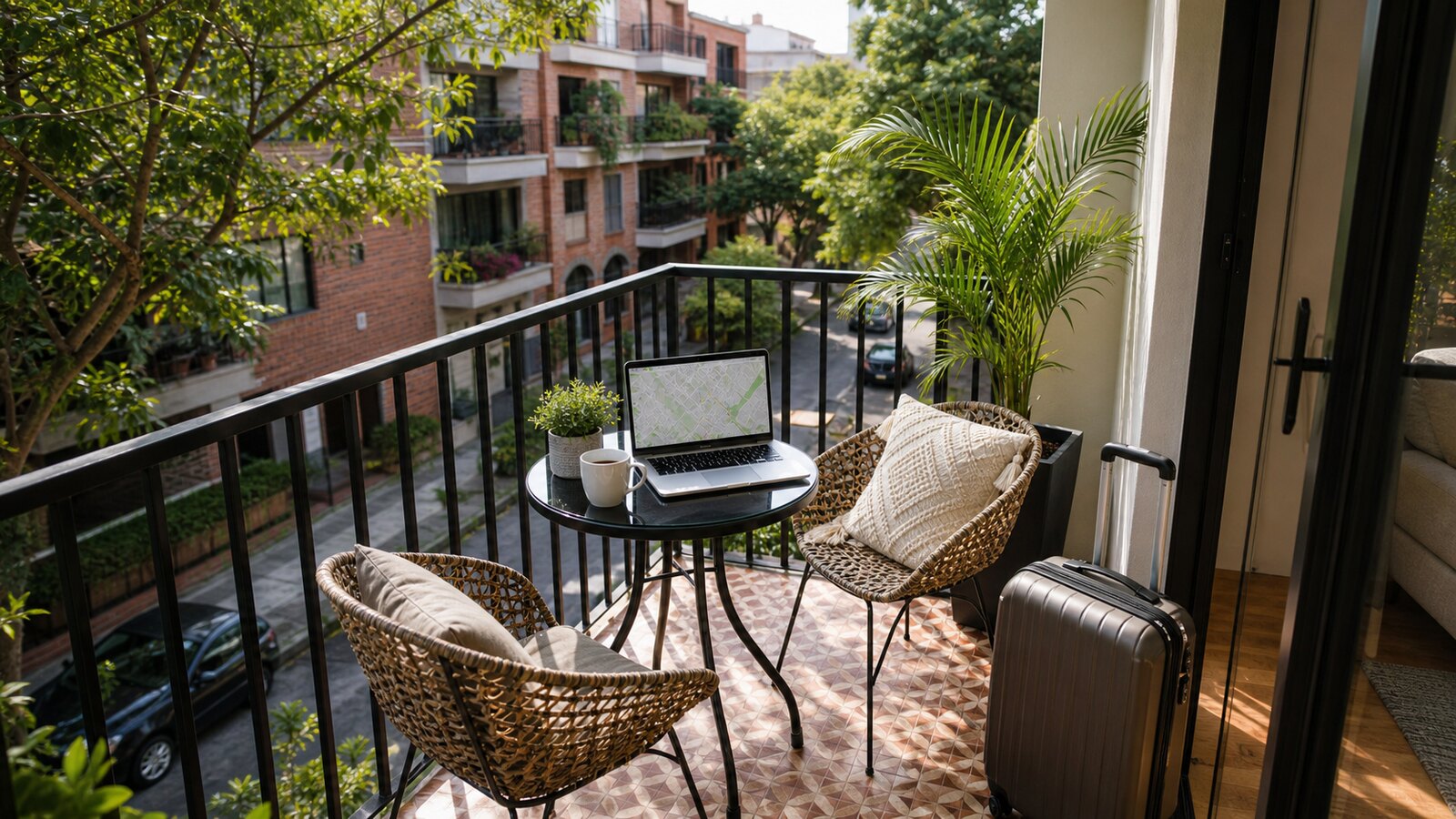 Laureles apartment balcony with suitcase and laptop for short-term rental planning