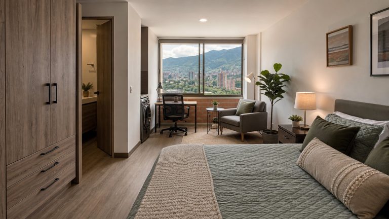 Furnished Medellin apartment bedroom and sitting area for monthly rentals