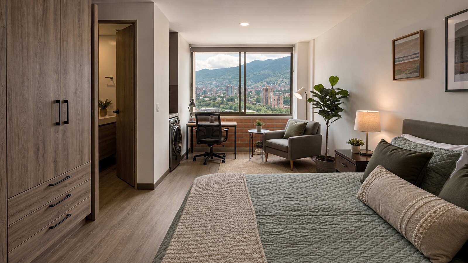 Furnished Medellin apartment bedroom and sitting area for monthly rentals